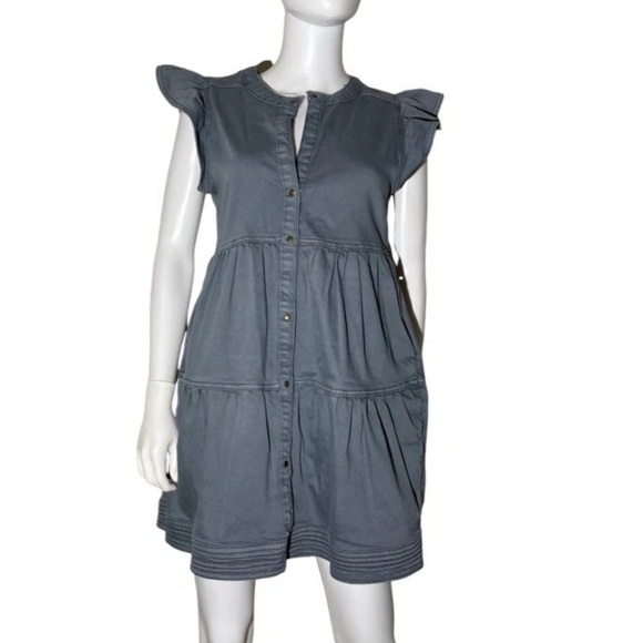 Marie Oliver Neelie Denim Dress Sz XS Gray Pockets Tiered Flutter Sleeves Boho - Picture 4 of 15